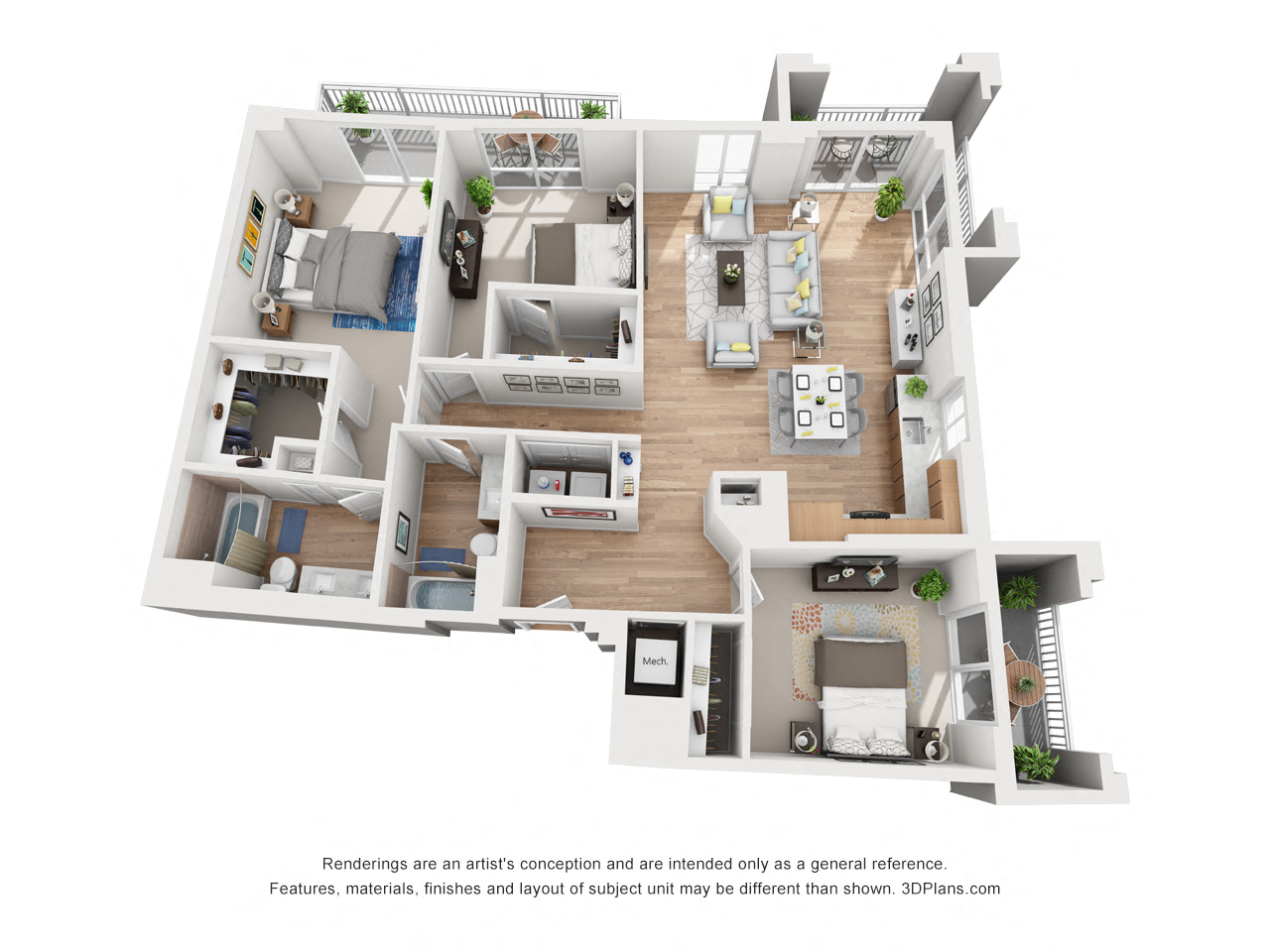 Floor plan for 3 beds, 2 baths, 1537 sqft